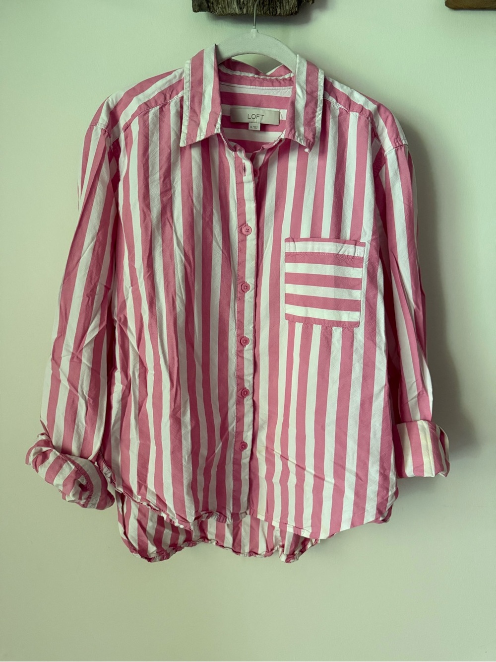 LOFT Pink & White Striped Button Down Shirt Size M Relaxed Cotton Blouse